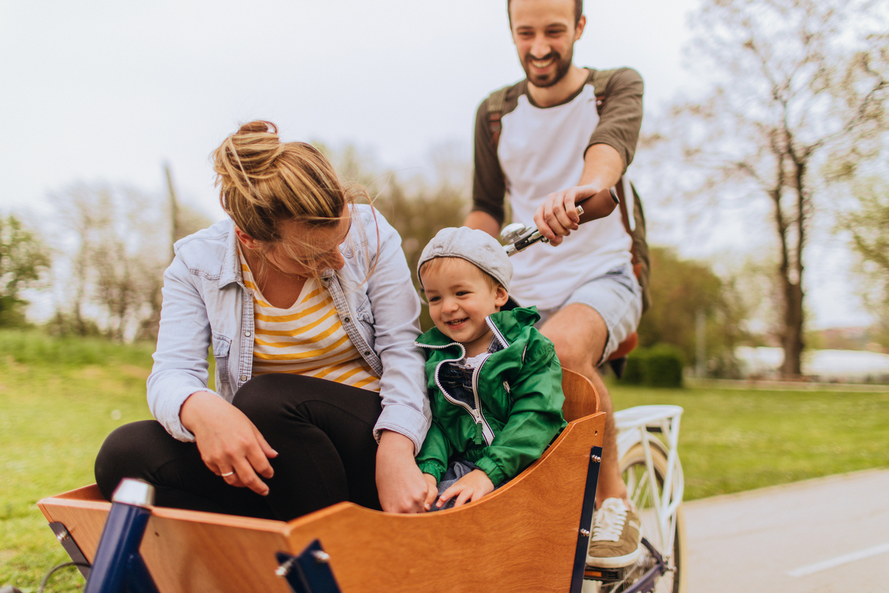 Young family on a bike active travel trip