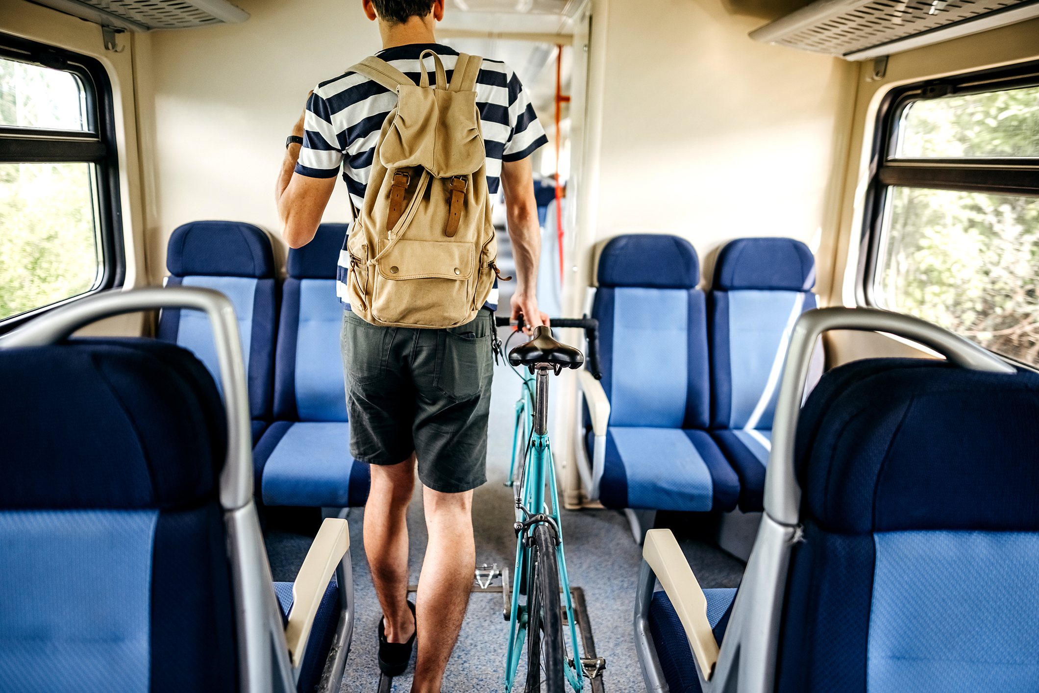 a man travelling by train with a bike