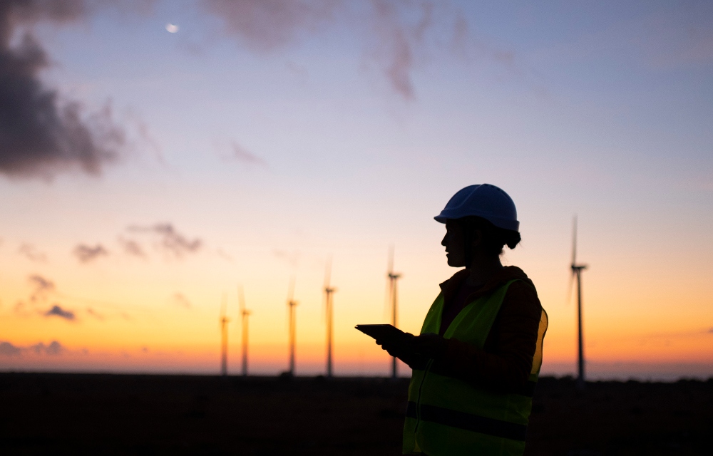 An electricity maintenance engineer working in a field at dusk, there are wind turbines in the background.