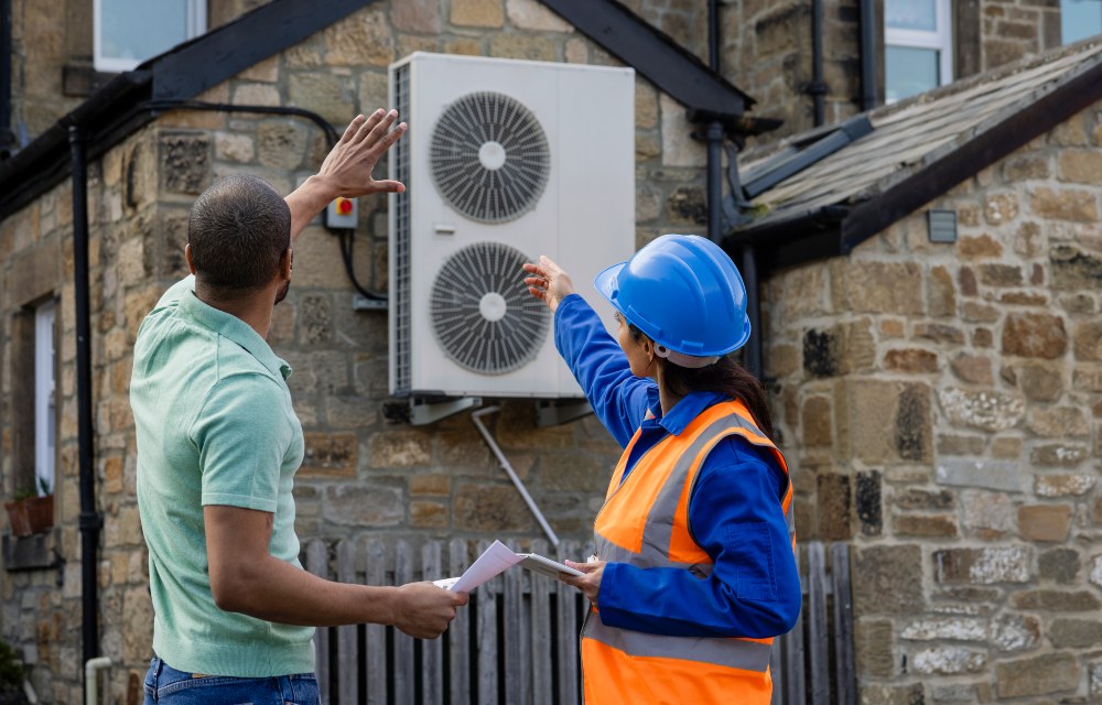 Person discussing an air source heat pump installation outside a stone house with an advisor holding a tablet.