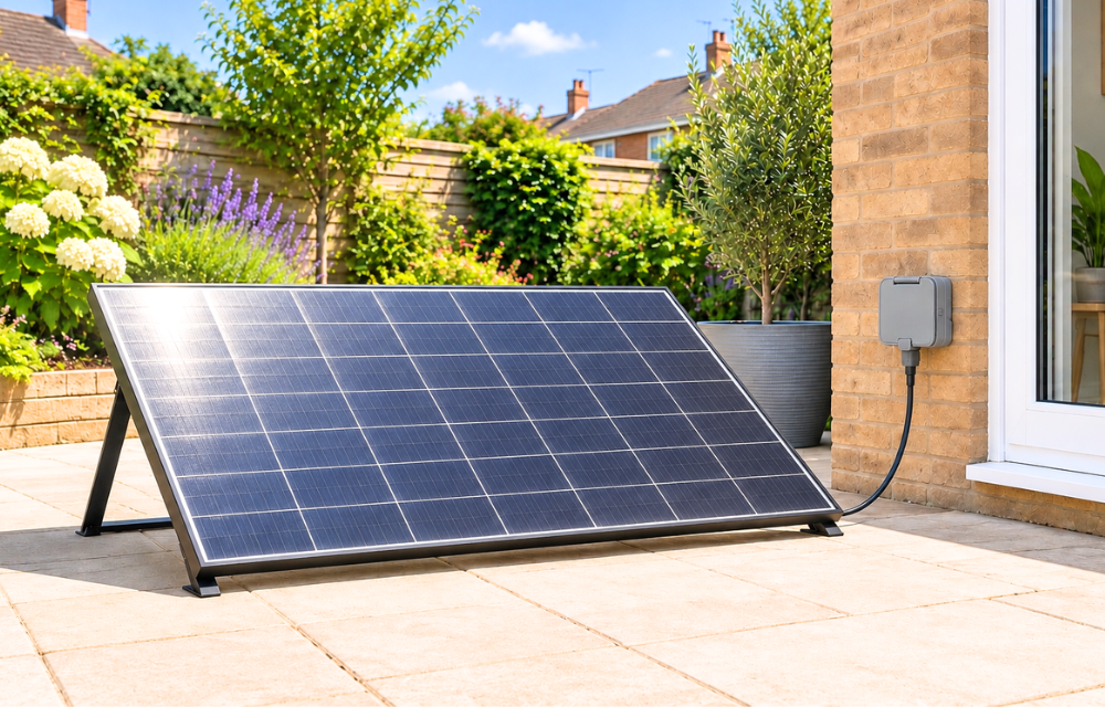 A plug-in solar panel in a sunny garden