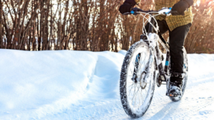 A person cycling in winter through snowy forest
